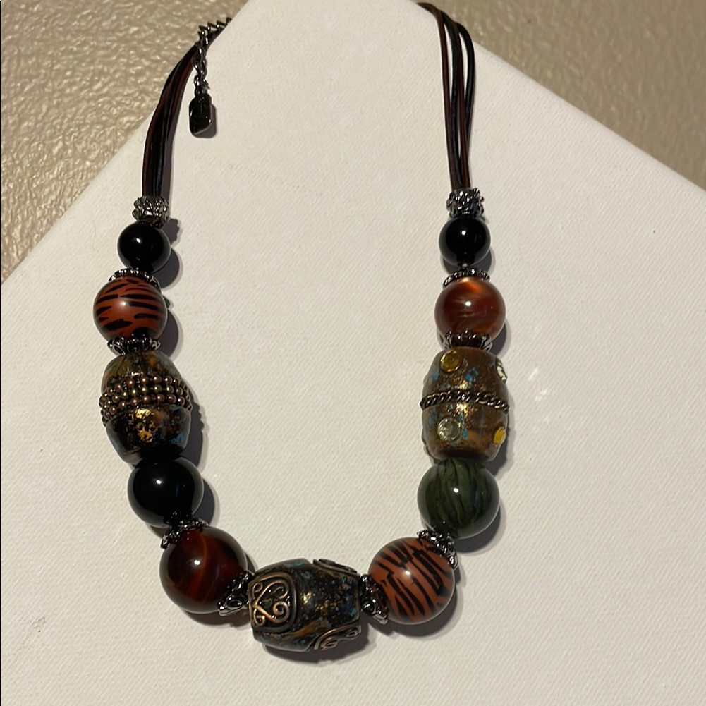 Black And Brown Beaded Necklace With Intricate Patterns